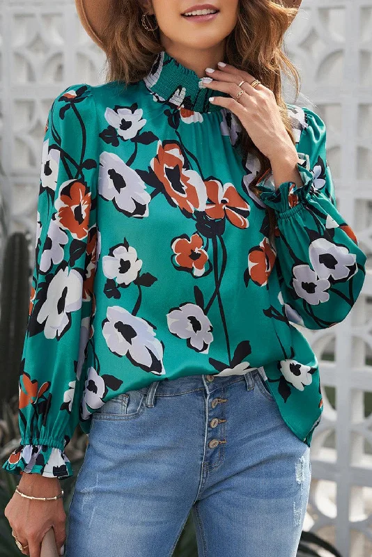 Floral Smocked Flounce Sleeve Blouse Chic Square Blouse