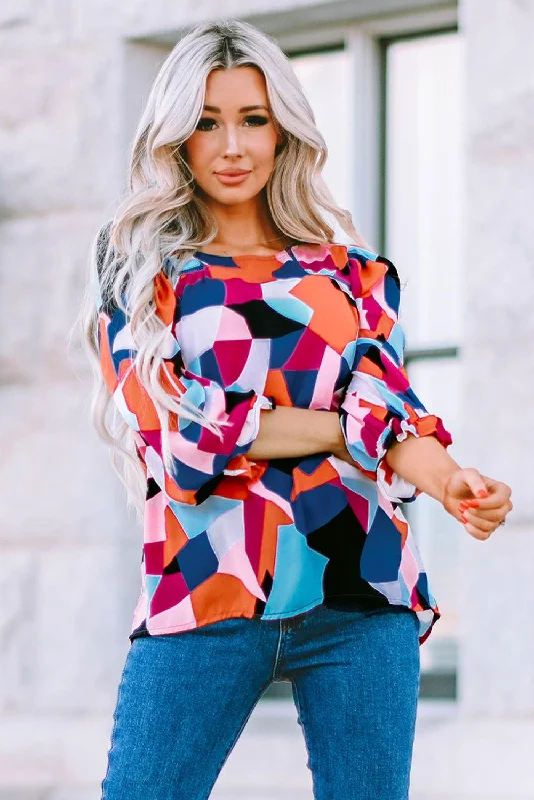 Geometric Flounce Sleeve Blouse Sweetheart Neck Blouse