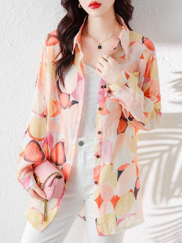 GRACE Design Women's Fashion Stylish Elegant Vintage Floral Linen Soft Pink Orange Yellow Blouse Top Soft Satin Blouse GRACE Design Women's Fashion Stylish Elegant Vintage Floral Linen Soft Pink Orange Yellow Blouse Top Soft Satin Blouse
