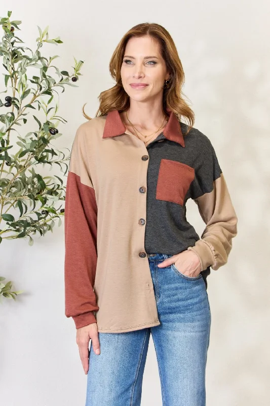 Heimish Full Size Color Block Button Down Shacket Sleeveless Chiffon Blouse