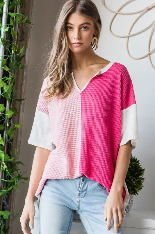 Heimish Full Size Contrast Waffle-Knit Half Sleeve Blouse Modern Work Blouse