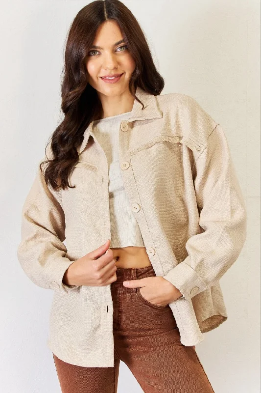 HYFVE Texture Button Down Fray Detail Shacket Flowy Bohemian Blouse