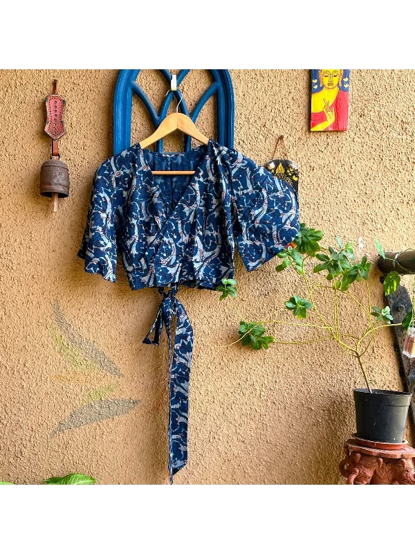 Indigo Blue Cotton Blouse Chic Ruffle Blouse