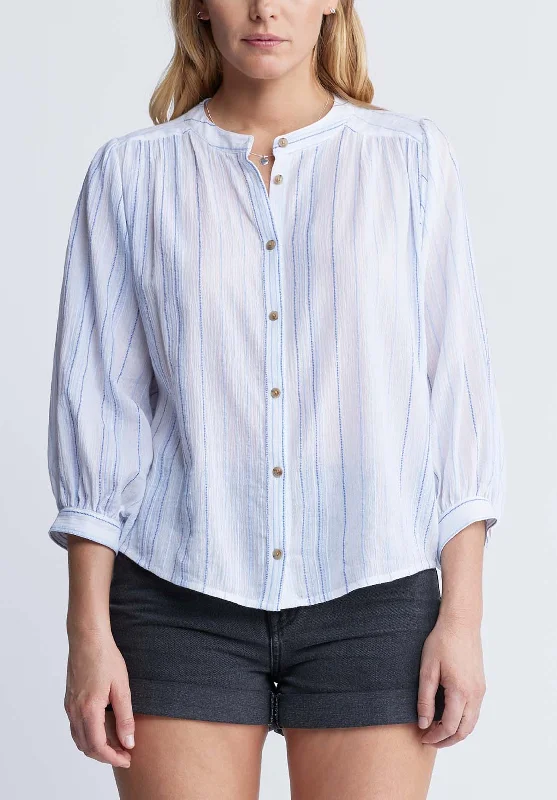 Ishara Women’s Balloon Sleeve Striped Blouse in White & Light Blue - WT0097P Modern Oversized Blouse Ishara Women’s Balloon Sleeve Striped Blouse in White & Light Blue - WT0097P Modern Oversized Blouse