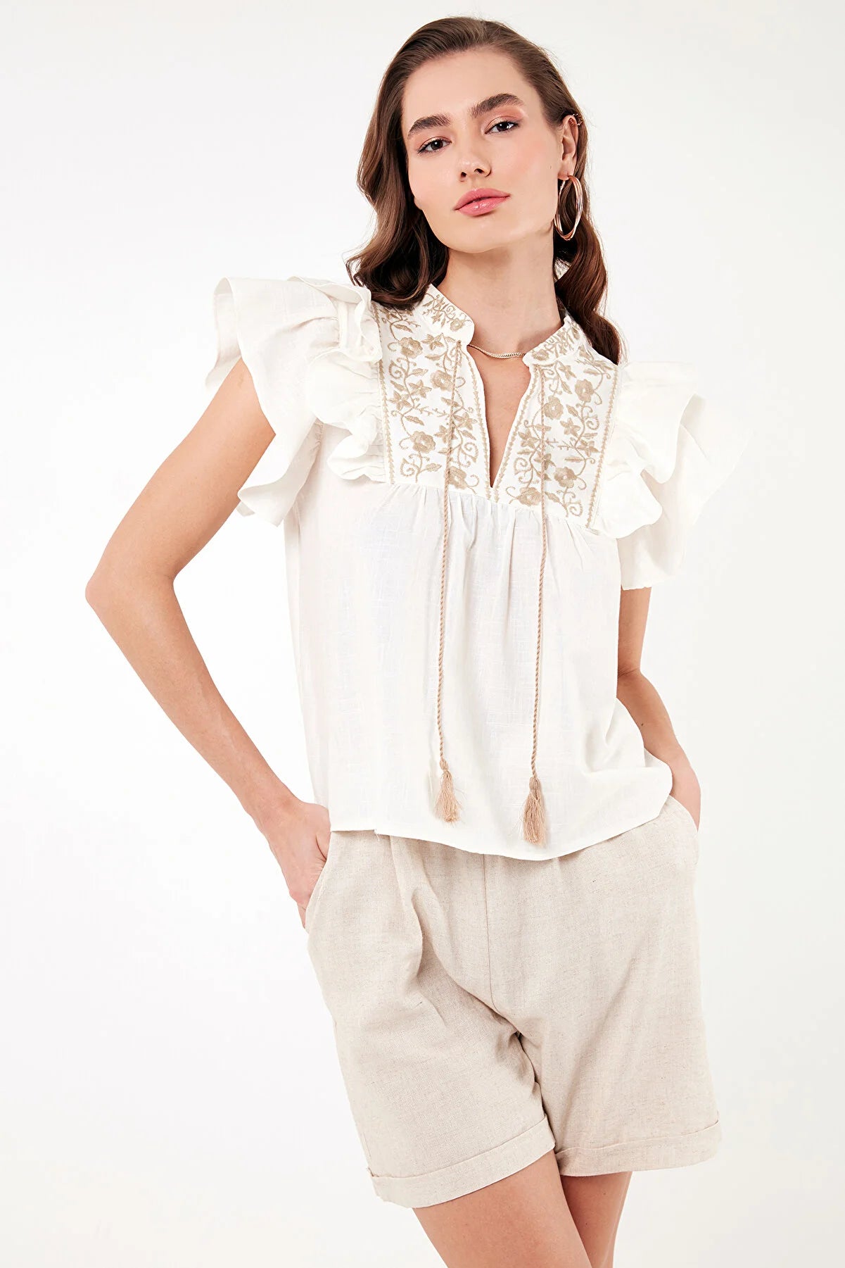 Lela Cotton Regular Fit Embroidered Blouse Chic Off-Shoulder Blouse