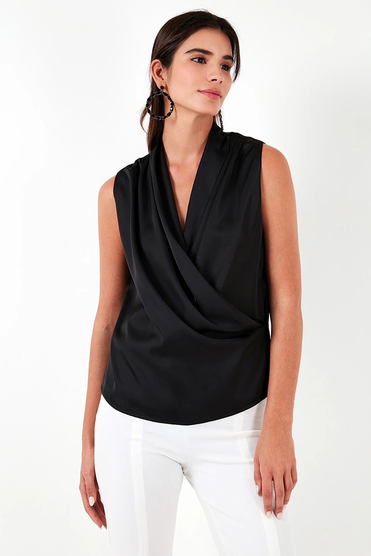 Lela Double Breasted Collar Sleeveless Satin Blouse Pleated Collar Blouse
