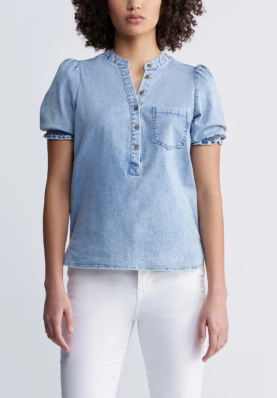 Lenore Women’s Puffed Sleeve Blouse in Light Denim Blue - WT0086P Lightweight Chiffon Blouse Lenore Women’s Puffed Sleeve Blouse in Light Denim Blue - WT0086P Lightweight Chiffon Blouse