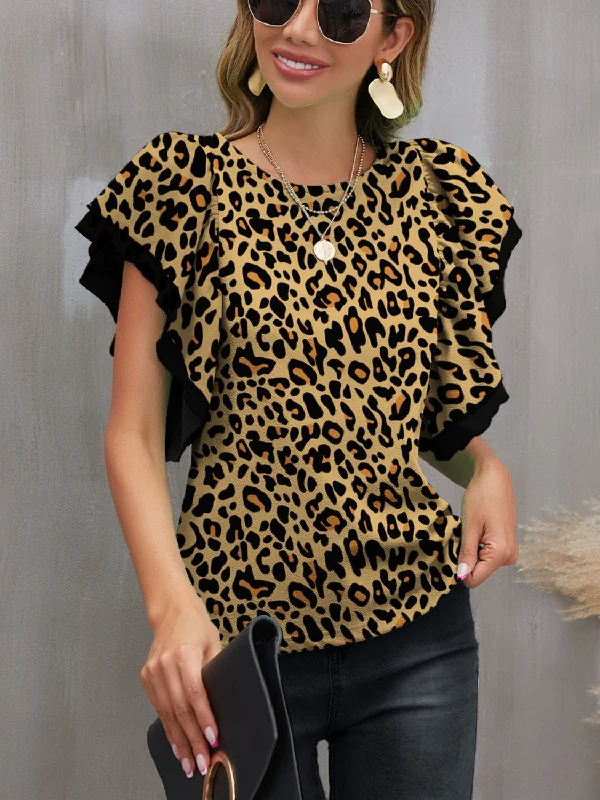 Leopard Round Neck Flounce Sleeve Blouse Lightweight Tunic Blouse