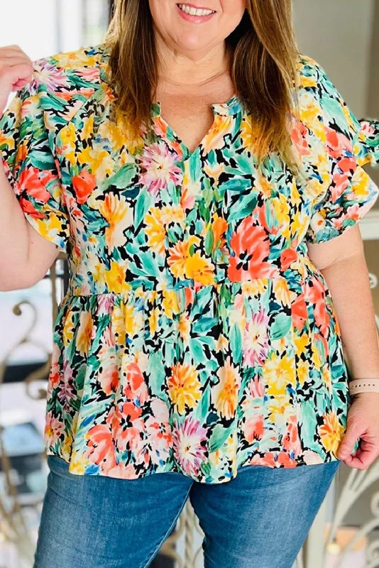 Multicolor Plus Size Ruffled Short Sleeve Floral Blouse Soft Knit Blouse