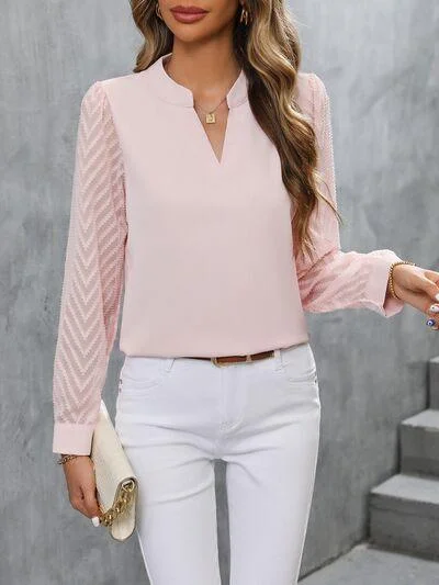 Notched Long Sleeve Blouse in 3 Colors Chic Ruffle Blouse