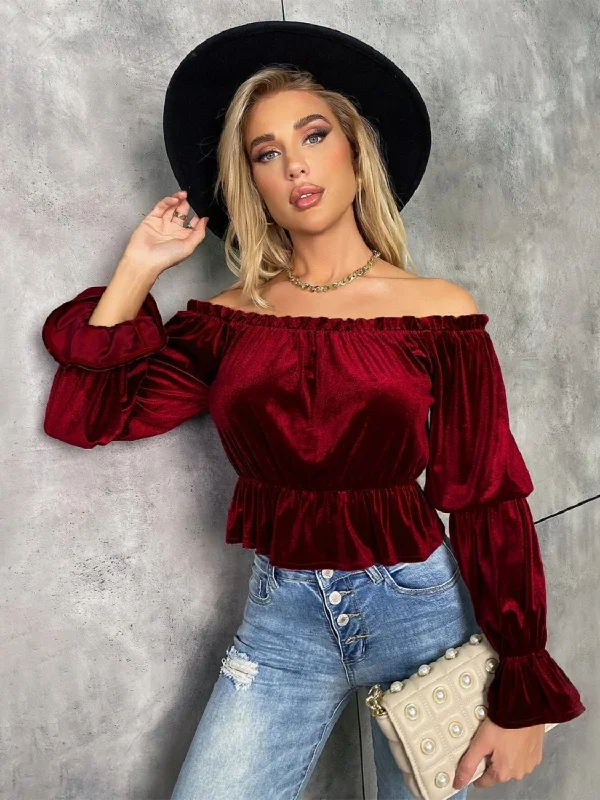 Off-Shoulder Flounce Sleeve Blouse Casual Stripe Blouse