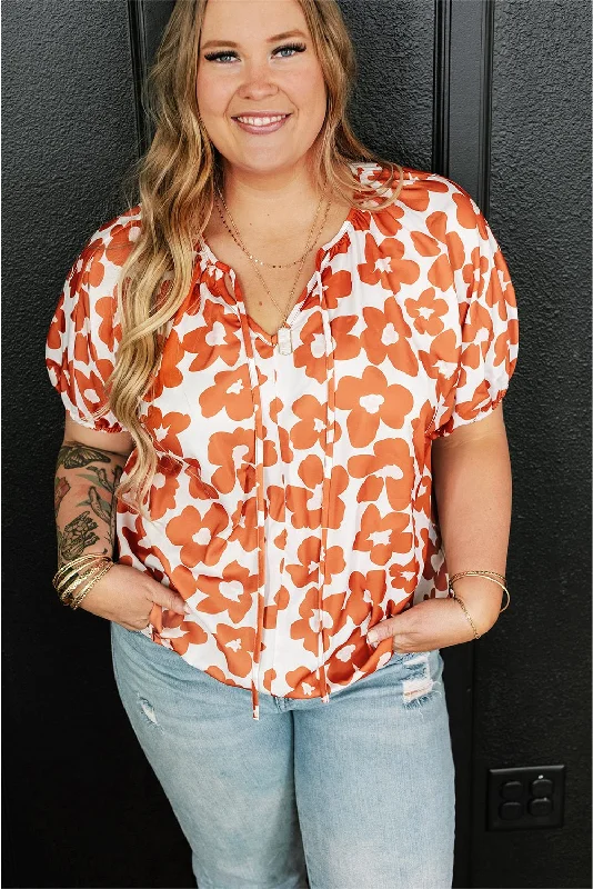 Orange Plus Size Floral Print Drawstring V Neck Short Sleeve Blouse Boho Printed Blouse Orange Plus Size Floral Print Drawstring V Neck Short Sleeve Blouse Boho Printed Blouse