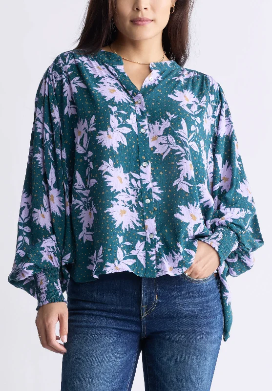 Ottilie Women's Long-Sleeved Blouse, Green with Purple Floral - WT0120F Subtle Shimmer Blouse Ottilie Women's Long-Sleeved Blouse, Green with Purple Floral - WT0120F Subtle Shimmer Blouse