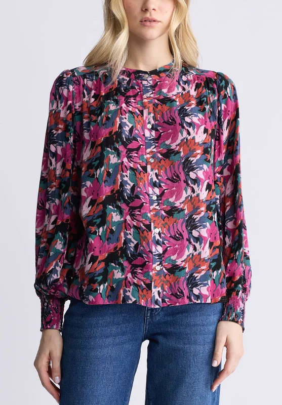 Ottilie Women's Long-Sleeved Blouse, Dark Pink Floral - WT0120F Side Tie Blouse