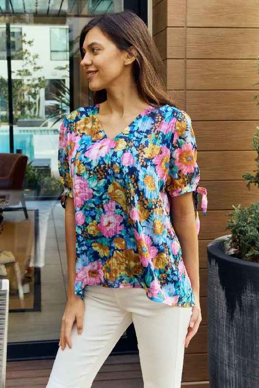 Full Size Floral V-Neck Petal Blouse Delicate Pleat Blouse