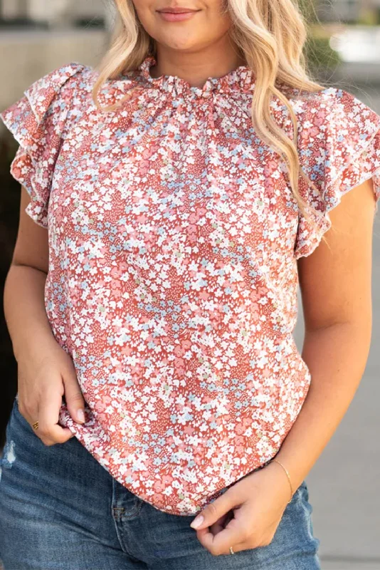 Pink Plus Size Floral Print Ruffled Sleeve Frilled Neck Blouse Flowy Bohemian Blouse Pink Plus Size Floral Print Ruffled Sleeve Frilled Neck Blouse Flowy Bohemian Blouse