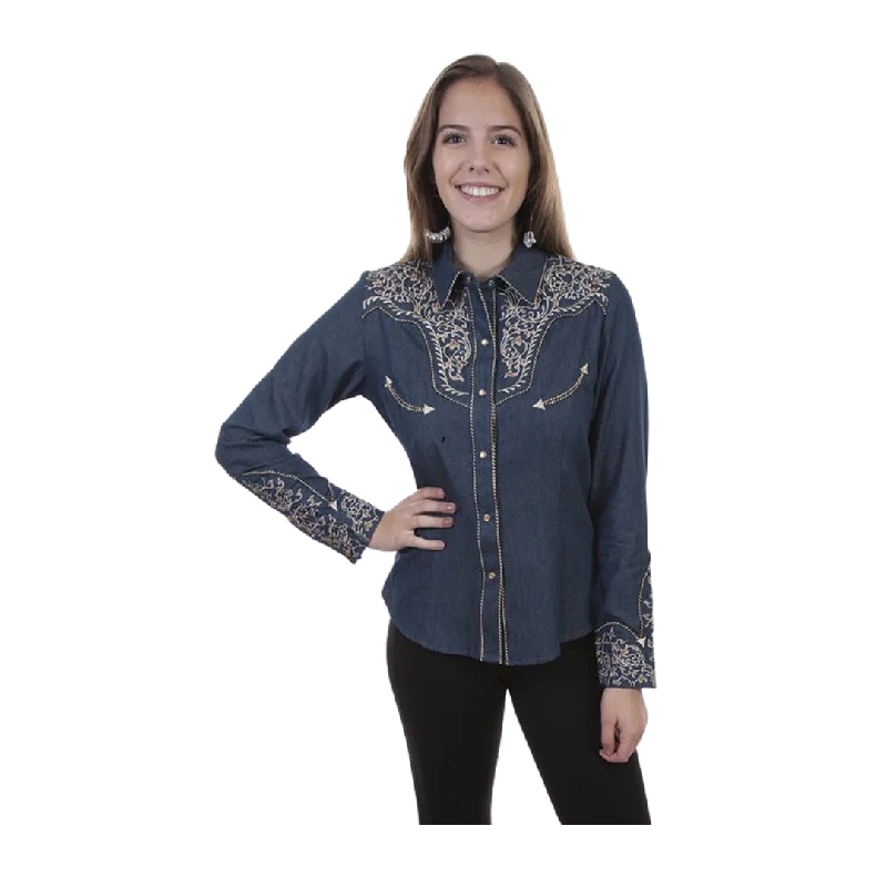 Scully Leather Women's Embroidered Snap Blouse Satin Bow Blouse