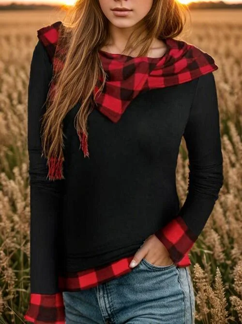 Plaid Asymmetrical Hooded Blouse Bell Sleeve Blouse