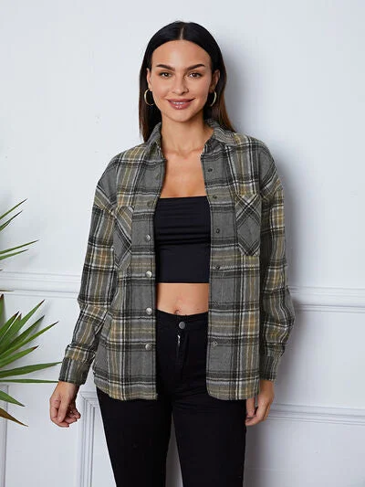 Plaid Snap Down Long Sleeve Shacket Playful Puff Blouse