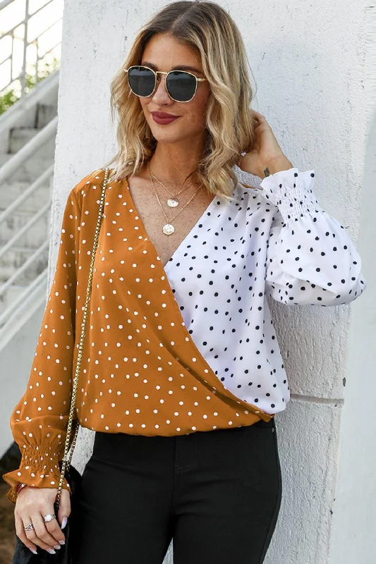 Polka Dot Surplice Neck Blouse Double-Layered Blouse