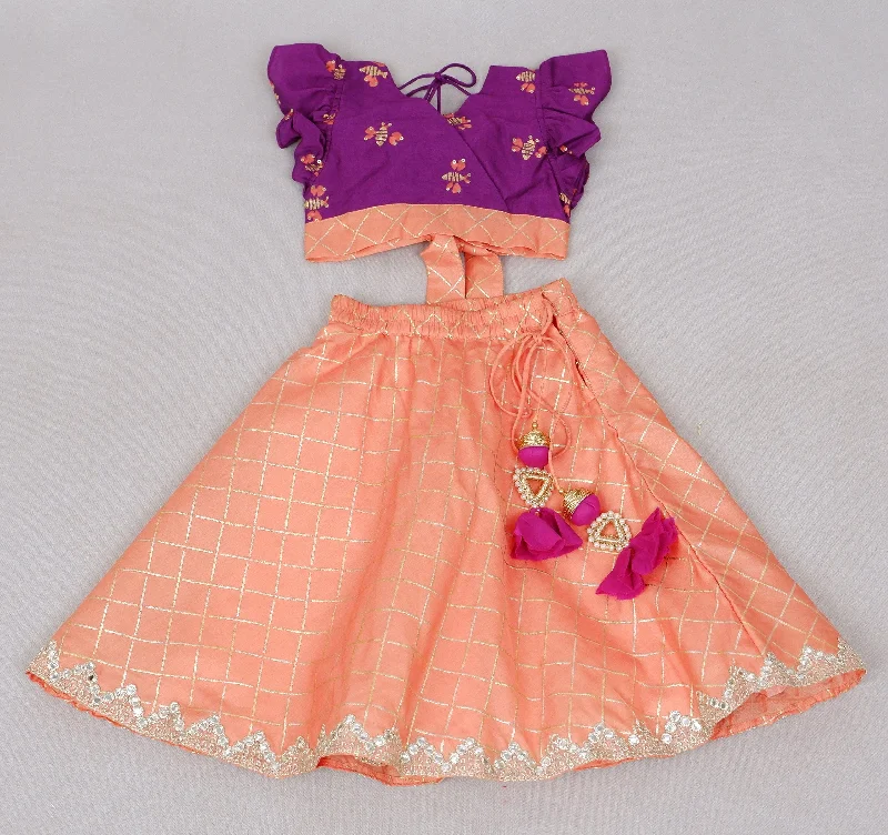 Pre-Order: Honey Bee Print with Hand Embroidered Purple Blouse with Foil Print Peach Ghagara Office-Ready Blouse Pre-Order: Honey Bee Print with Hand Embroidered Purple Blouse with Foil Print Peach Ghagara Office-Ready Blouse