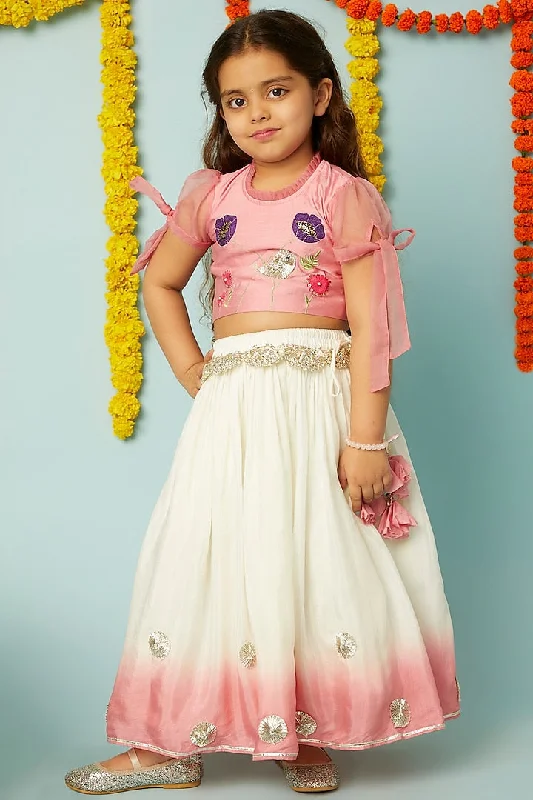 Pre-Order: Pink Shaded Ghagra with Embroidered Blouse Set Embroidered Cotton Blouse