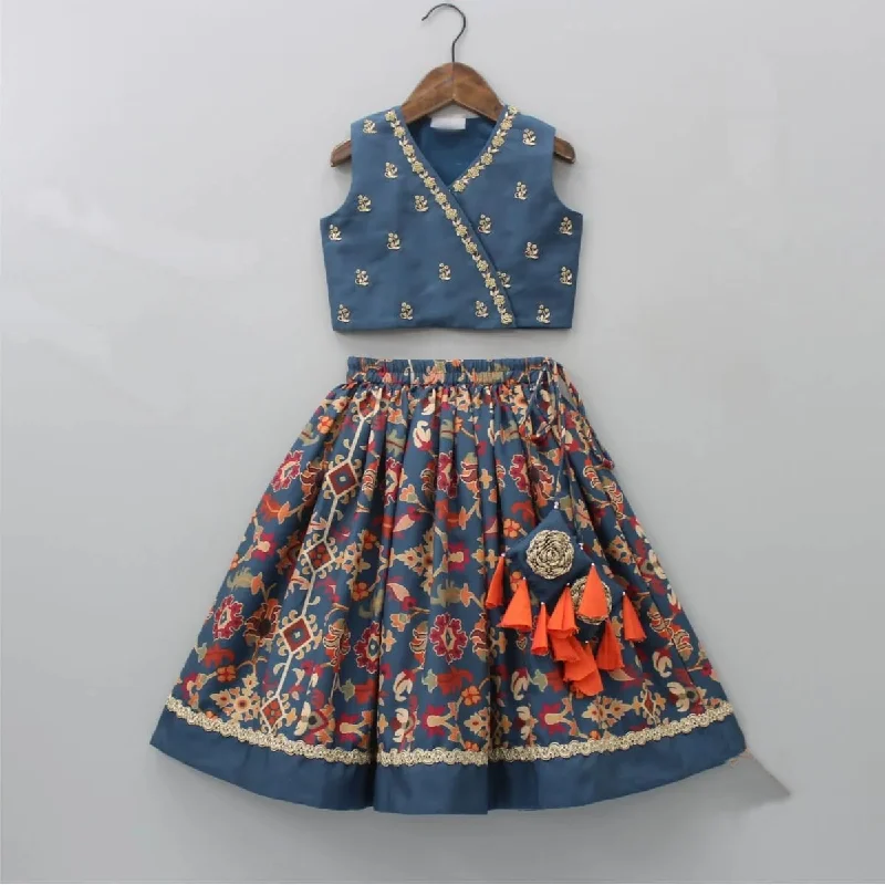 Pre-Order: Sapphire Blue Ikkat Print Heavy Hand Embroidered Blouse With Ghagara Set Boho Chic Blouse Pre-Order: Sapphire Blue Ikkat Print Heavy Hand Embroidered Blouse With Ghagara Set Boho Chic Blouse
