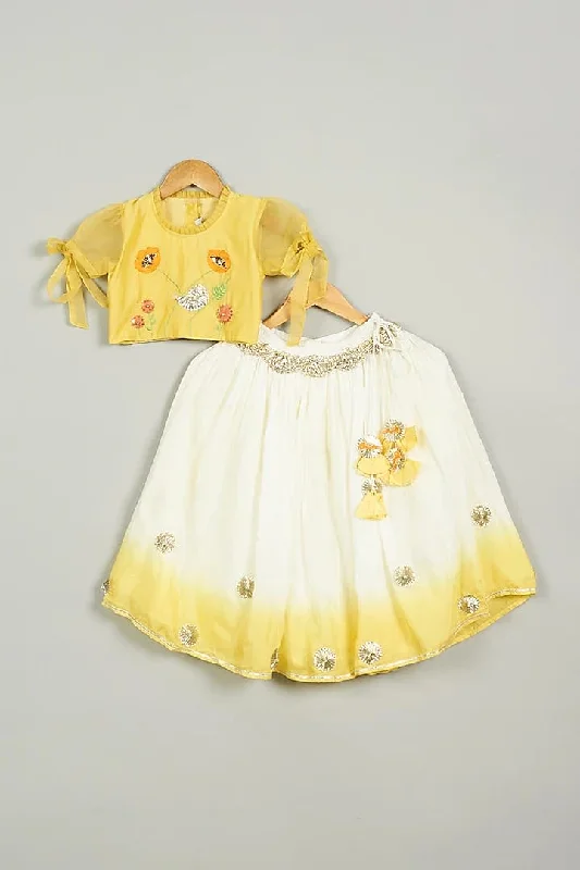 Pre-Order: Yellow Shaded Ghagra with Embroidered Blouse Set Sweetheart Neck Blouse