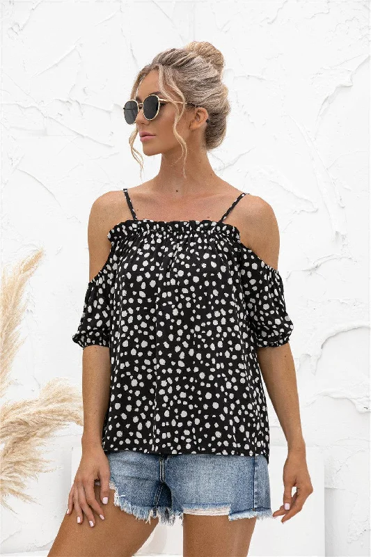 Printed Cold-Shoulder Frill Trim Blouse Smart Business Blouse