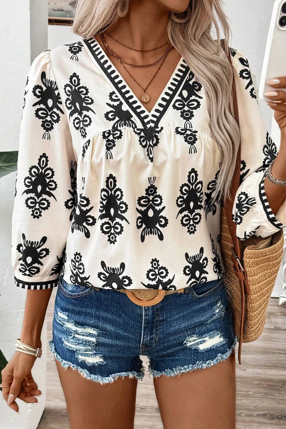 Printed V-Neck Blouse in 3 Colors Casual Relaxed Fit Blouse