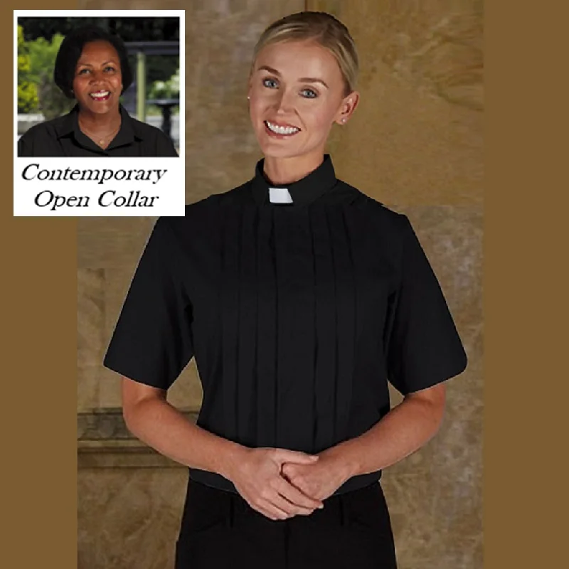 R.J. Toomey Short Sleeve, Tab Collar Black Blouse Feminine Satin Blouse