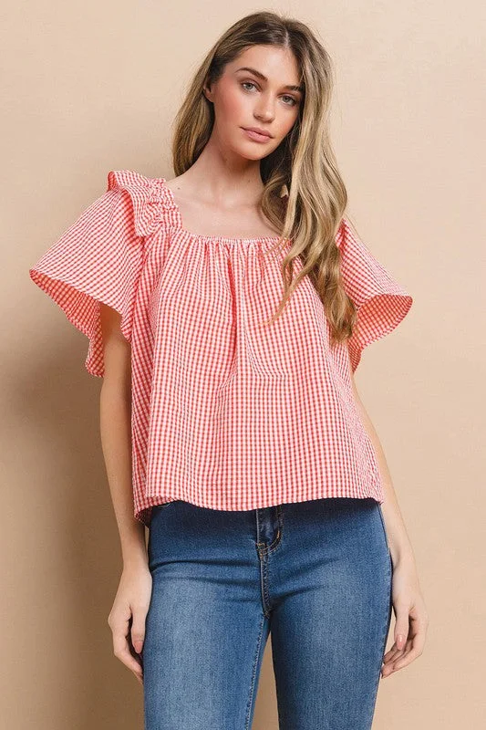RED GINGHAM SQUARE NECK RUFFLED BLOUSE TOP TU13637PA Lightweight Chiffon Blouse