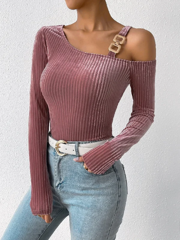 Ribbed Long Sleeve Asymmetrical Blouse Satin Bow Blouse