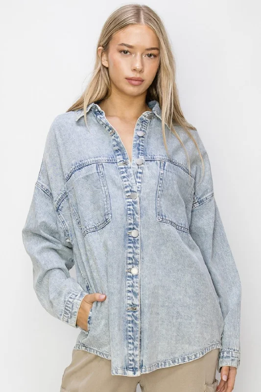 RISEN Button Up Long Sleeve Shacket Floral Chiffon Blouse