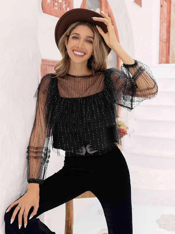Round Neck Layered Long Sleeve Blouse Subtle Shimmer Blouse