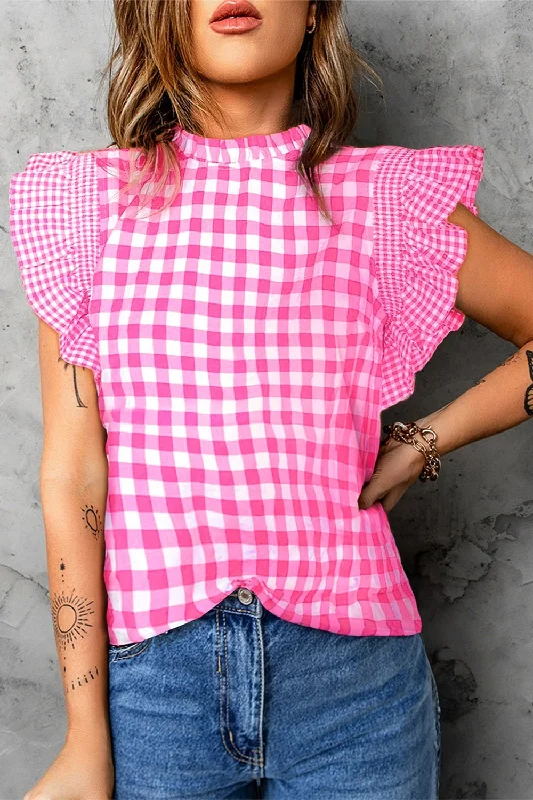 Ruffled Plaid Blouse with Cap Sleeve in 100% Cotton Fabric Gathered Detail Blouse