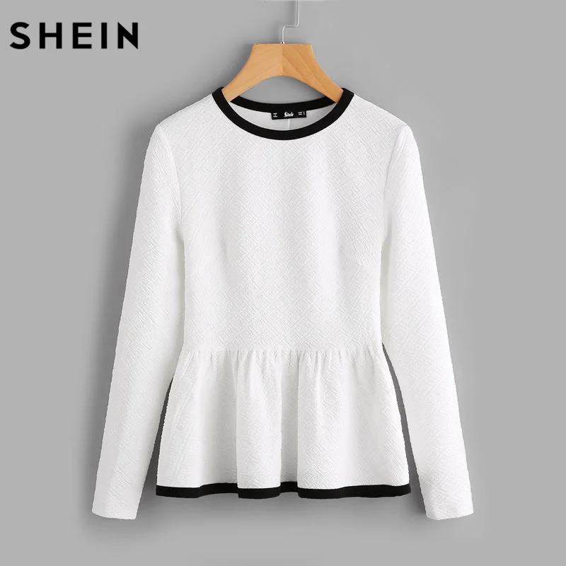 SHEIN Contrast Binding Textured Peplum Shirt  White Women Tops Blouses Autumn Long Sleeve Elegant Fall 2017 Fashion Blouse Business Casual Blouse