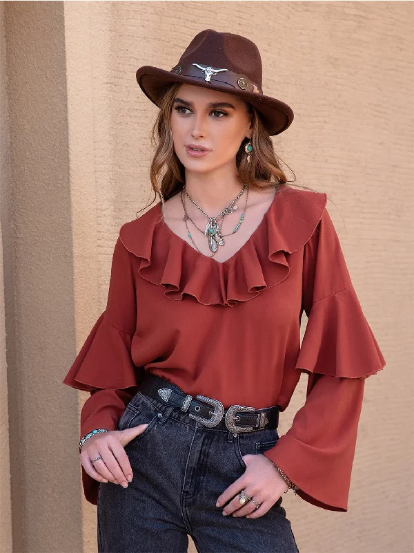 Statement Collar Long Sleeve Blouse Embroidered Floral Blouse