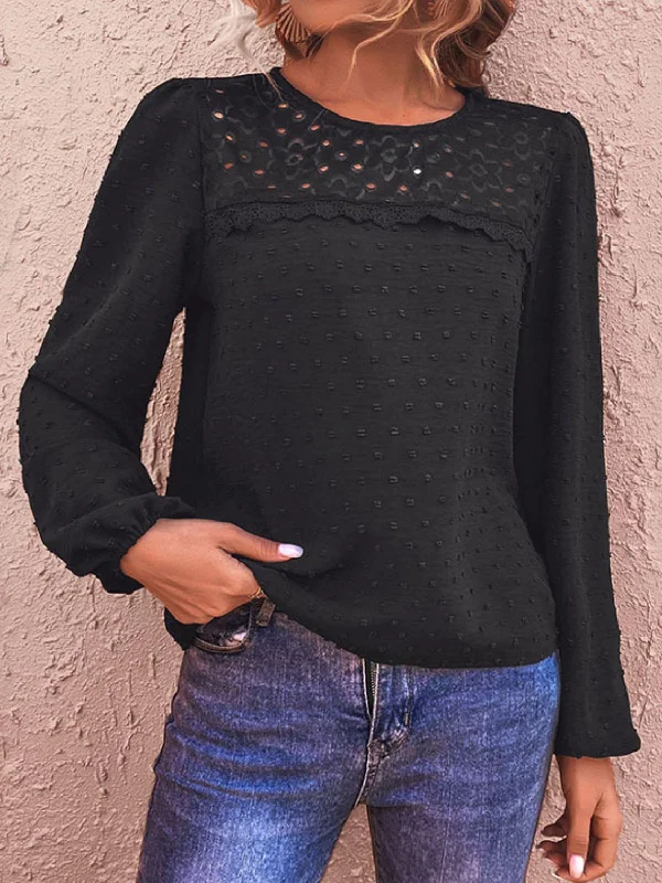 Swiss Dot Lace Trim Long Sleeve Blouse Casual Relaxed Blouse