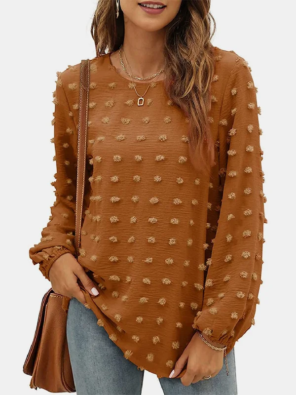 Swiss Dot Round Neck Long Sleeve Blouse Vintage Polka Blouse