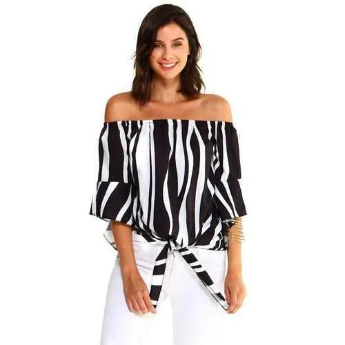 Women's Strapless Striped Bandage Blouse Satin Drape Blouse