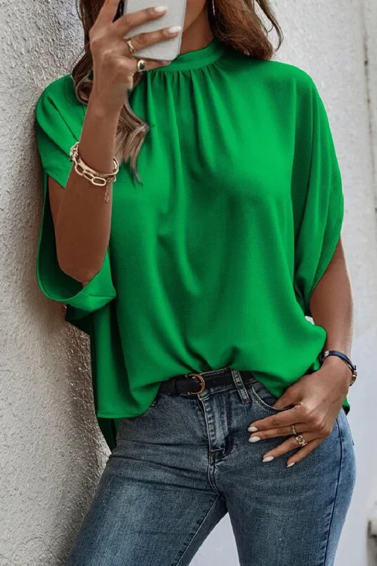 Tie Back Slit Half Sleeve Blouse Delicate Pleat Blouse