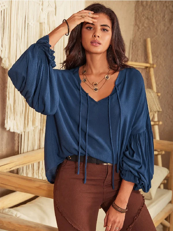 Tie Neck Long Sleeve Blouse Chic Square Blouse
