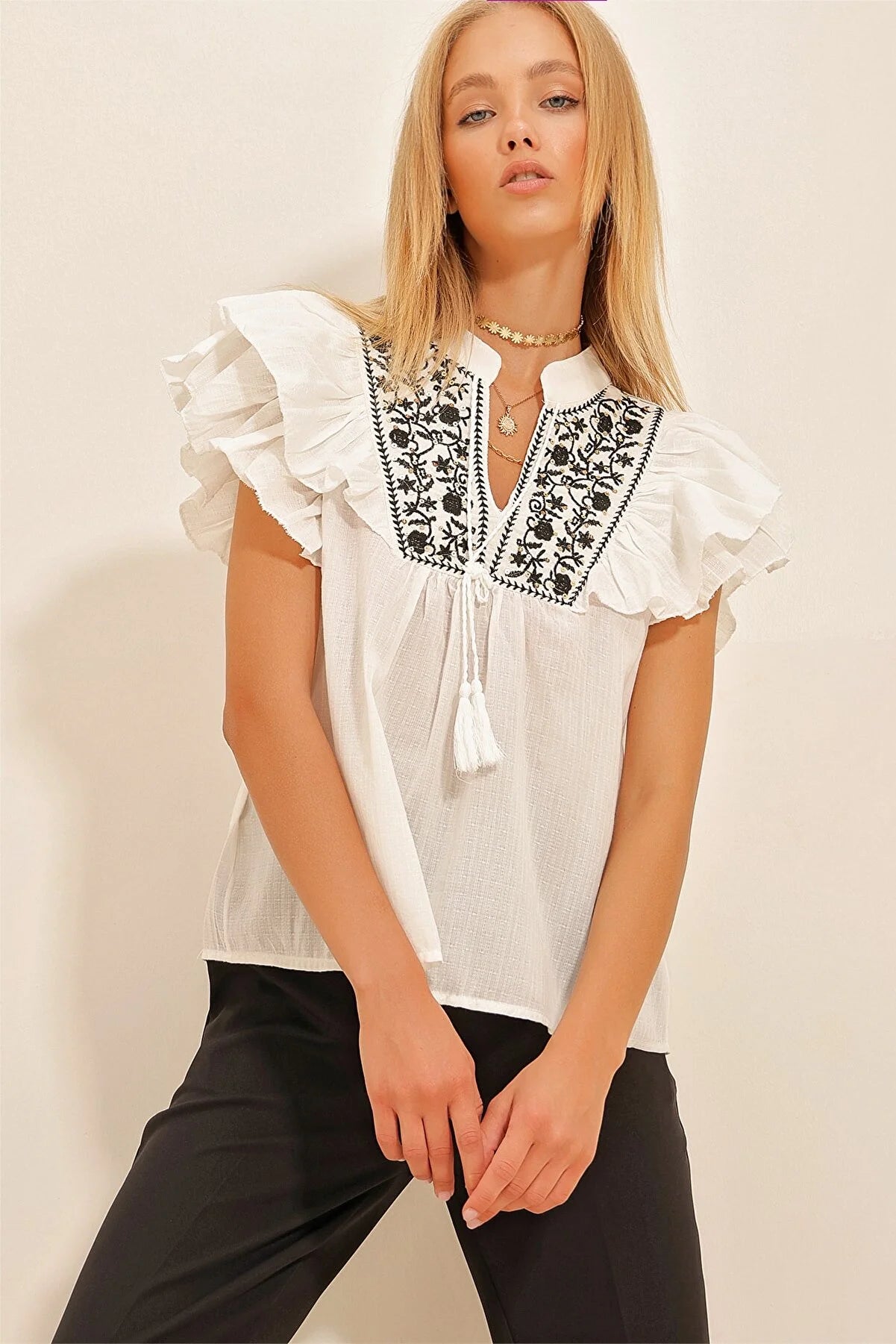 Trend Alaçatı Style Women's Ecru Embroidered Sleeves Flounce Woven Blouse Subtle Shimmer Blouse