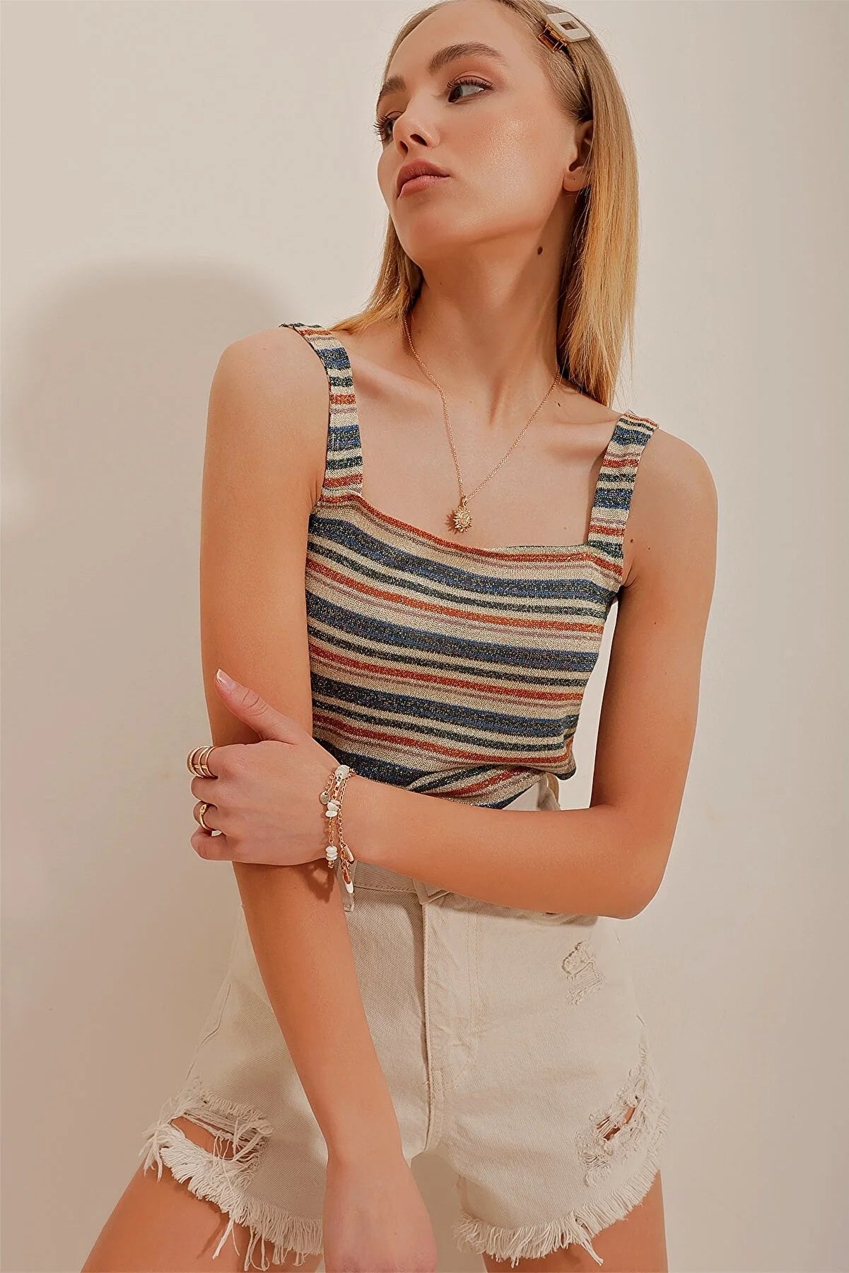 Trend Alaçatı Style Women's Navy Blue Striped Glitter Strap Blouse Mandarin Collar Blouse