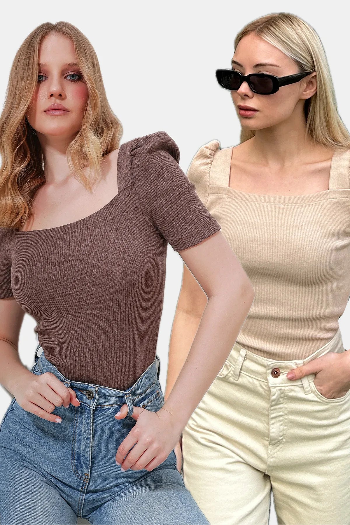 Trend Alaçatı Style Women's Square Collar 2-Pack Princess Sleeve Regular Fit Blouse Oversized Silk Blouse