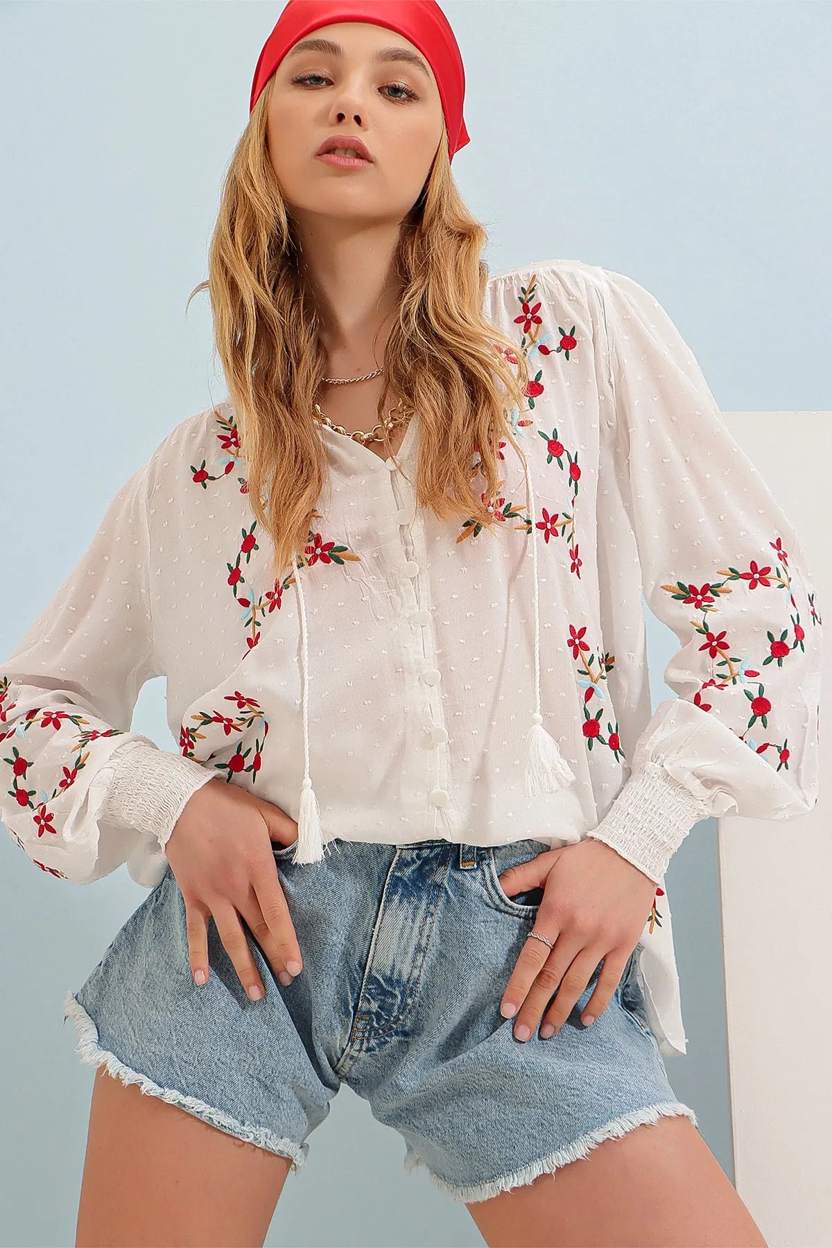 Trend Alaçatı Style Women's White Embroidery Premium Linen Woven Blouse Romantic Lace Blouse