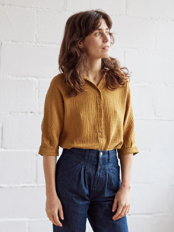 Guguan Blouse Mustard Elegant Semi-Sheer Blouse