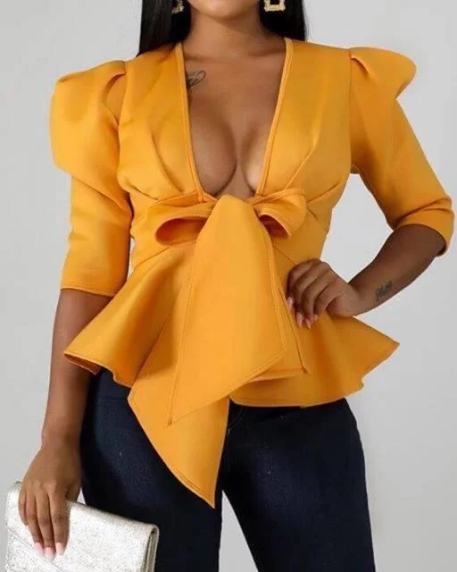 V Neck  Bow Tie Front Pelplum  Blouse Collared Satin Blouse