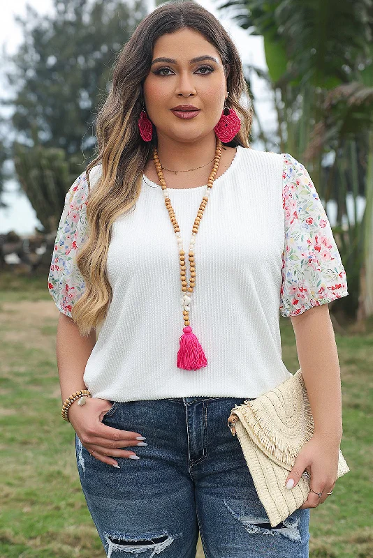 White Contrast Floral Puff Sleeve Ribbed Knit Plus Size Blouse Short Sleeve Blouse